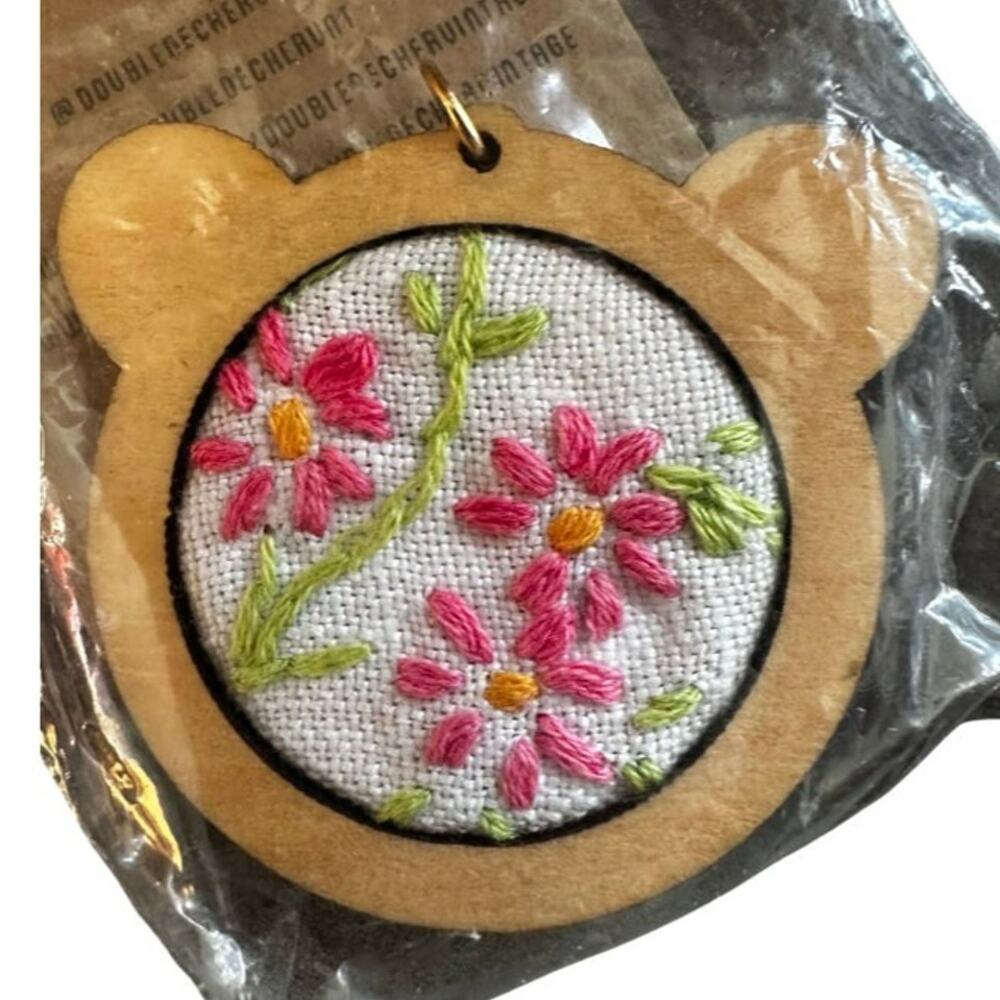 Large Bear Shaped Handmade Embroidered Loom Pendants from Vintage Handkerchiefs